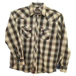Rafter C Shirt Mens Large Brown Plaid Western Pearl‎ Snap Long Sleeve Cowboy